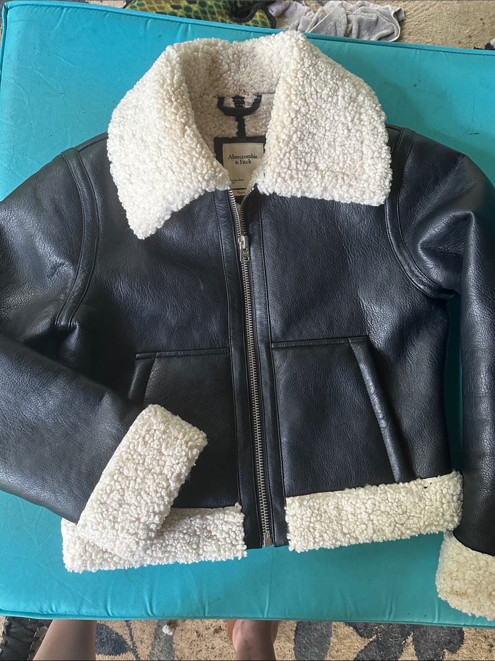 Abercrombie & Fitch Black Faux Leather Jacket with Cream Sherpa Trim